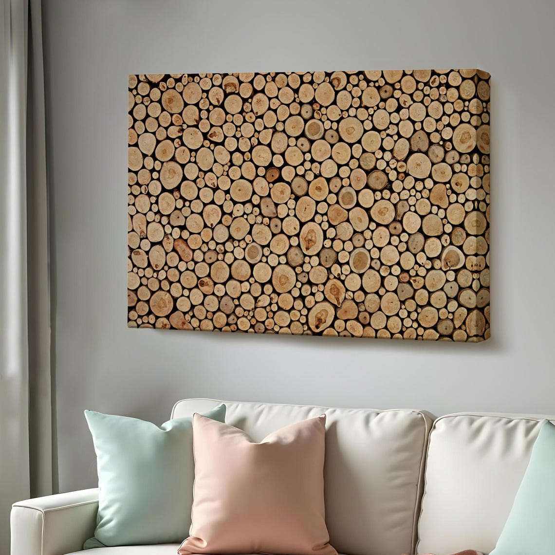 Stacked Wood Log Cross Sections Natural Timber Pattern Rustic Wall Art