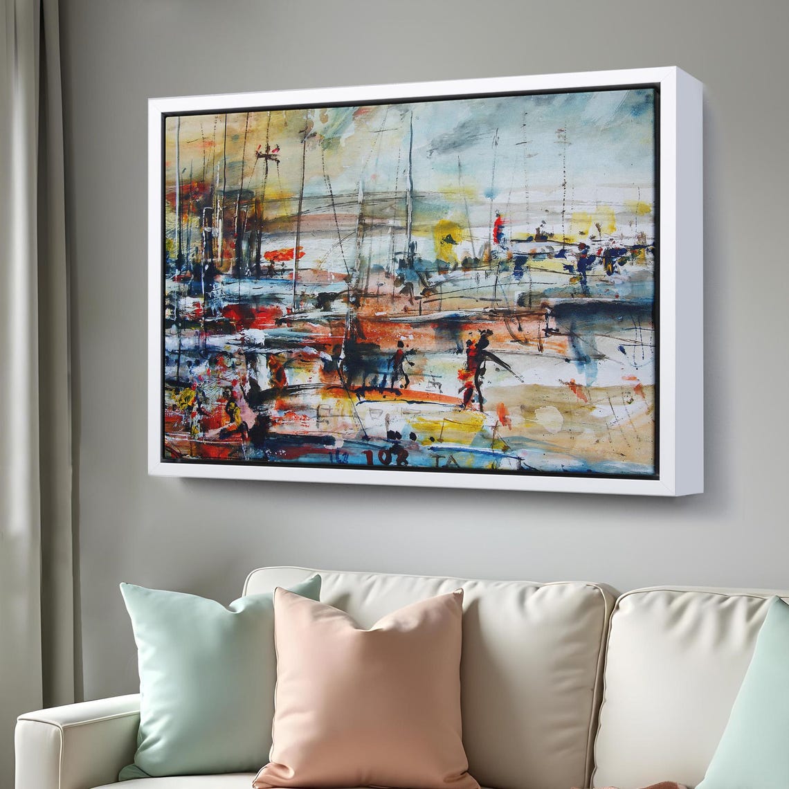 Abstract Expressionist Harbor Sailboats Red Blue Oil Painting Poster - Image 3