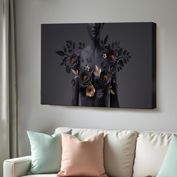 Surreal Black Woman Bust Dark Floral Beauty Gold Flowers Modern Wall Art