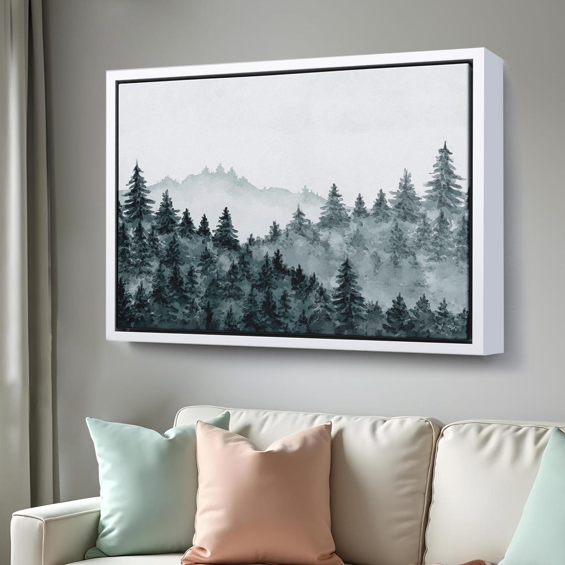 Misty Pine Forest Watercolor Landscape Minimal Gray Nature Poster - Image 3
