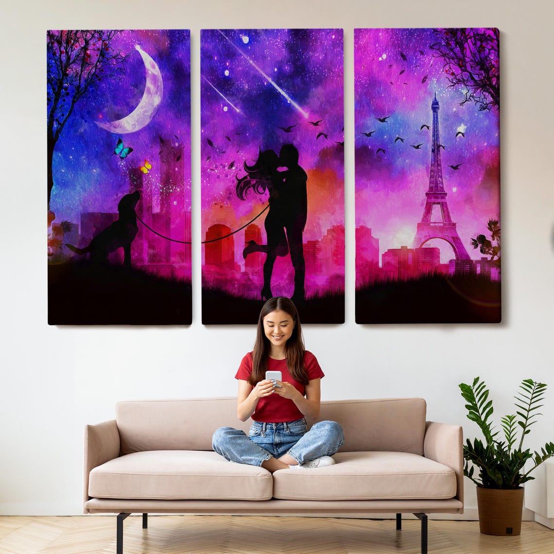 Romantic Couple Eiffel Tower Kiss Paris Night Galaxy Sky Poster - Image 2