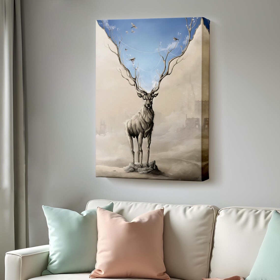 Surreal Stag Tree Branch Antlers Dreamy Sky Birds Fantasy Canvas Wall Art