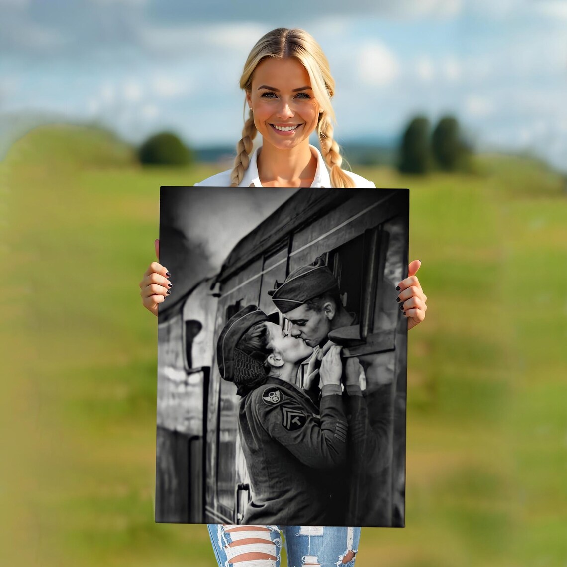 Soldier Farewell Kiss Train Window Vintage Black White Art Poster - Image 5