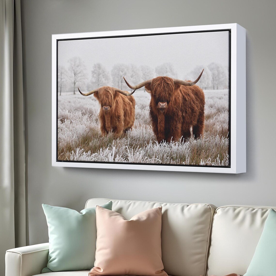 Scottish Highland Cattle Pair Frosty Winter Field Photography Poster - Image 3