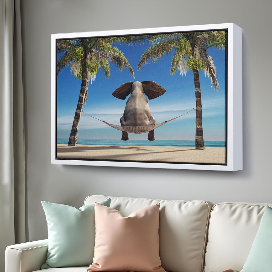 Funny Elephant Relaxing In Hammock Between Palm Trees Beach Poster - Image 3