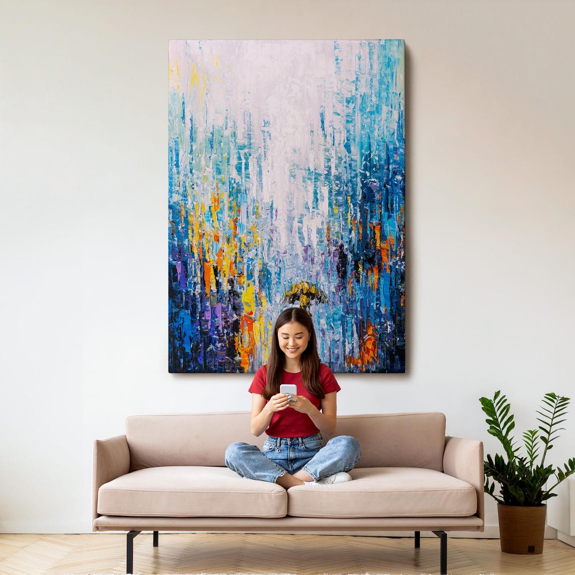 Abstract Rainy Day Blue Rain Streaks Umbrella Figure Painting Poster - Image 3