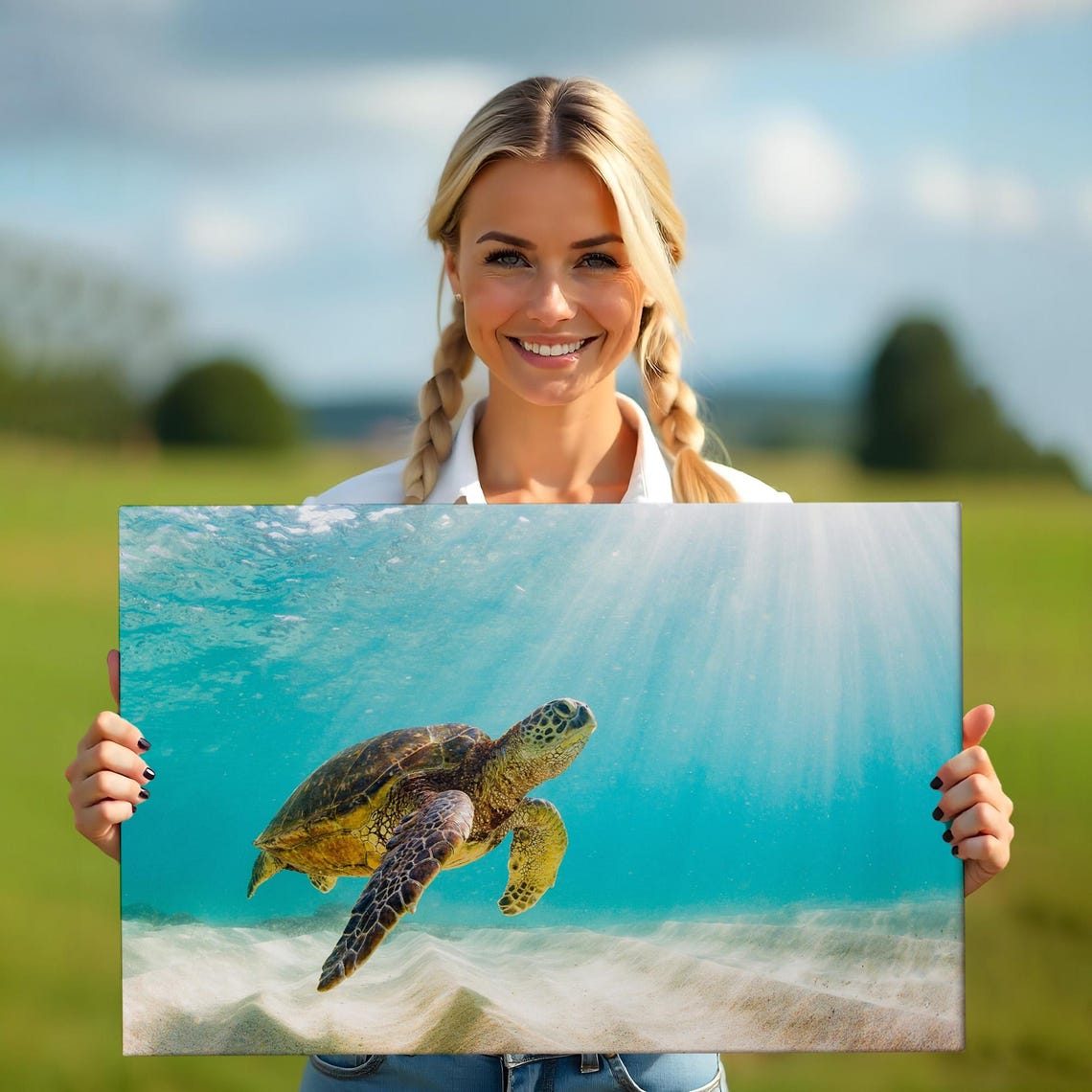 Sea Turtle Swimming Sunlit Turquoise Water Underwater Ocean Poster - Image 5