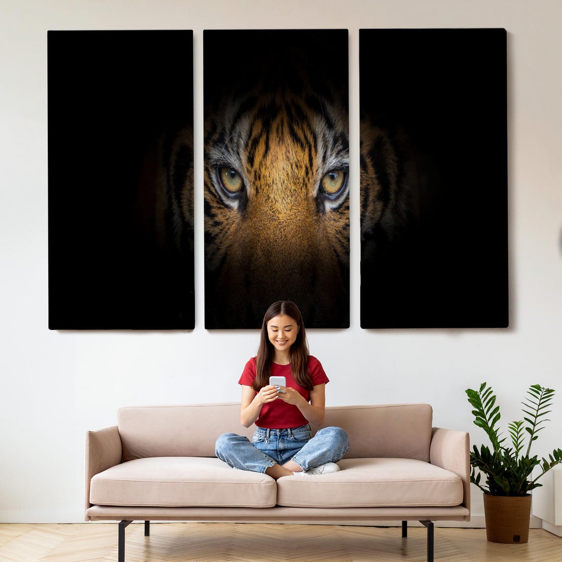 Tiger Face Emerging From Darkness Intense Yellow Eyes Photo Poster - Image 2