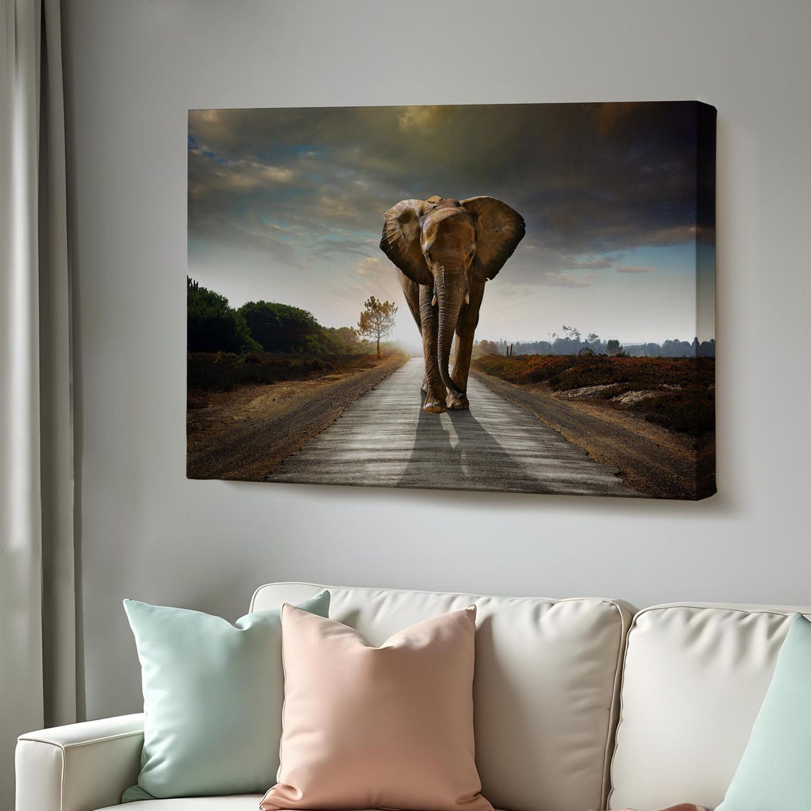 Elephant Walking Down Dirt Road Toward Camera Dramatic Sky Poster