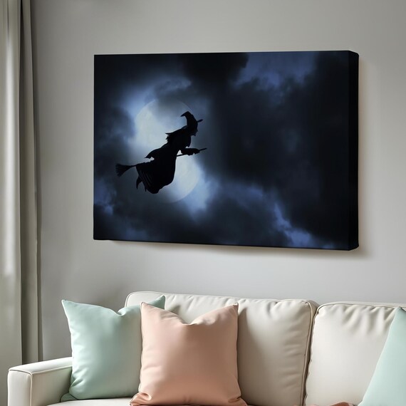 Halloween Witch Silhouette Flying Broom Full Moon Cloudy Night Sky Wall Poster