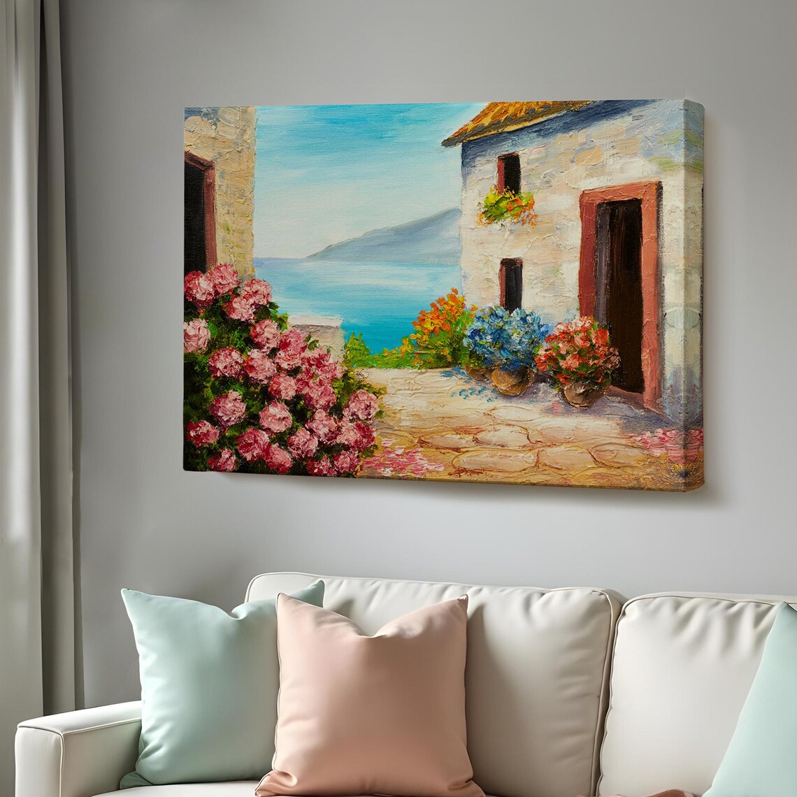 Mediterranean Seaside House Terrace Flowers Ocean View Painting Poster