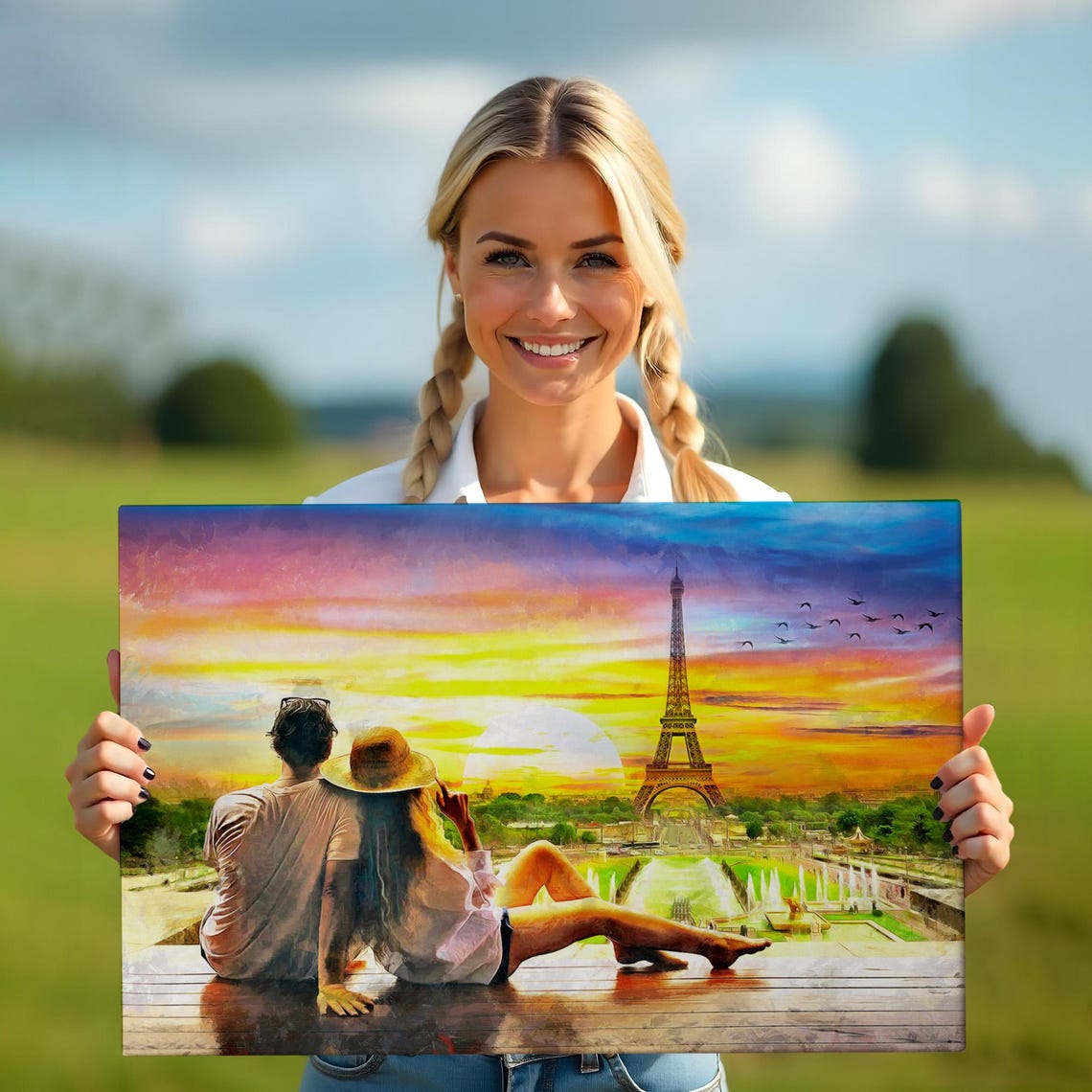 Paris Eiffel Tower Sunset Romantic Couple Overlook Painting Poster - Image 5