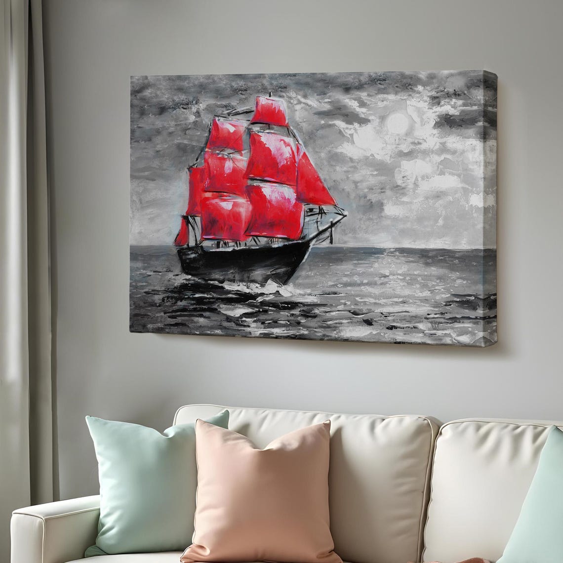 Tall Ship Red Sails Gray Stormy Sea Moonlit Ocean Painting Poster