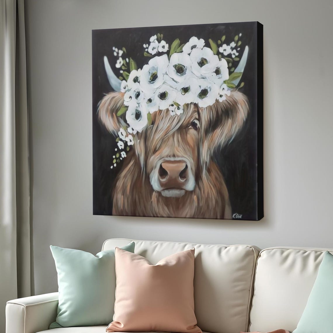 Highland Cow White Flower Crown Dark Background Farm Art Poster
