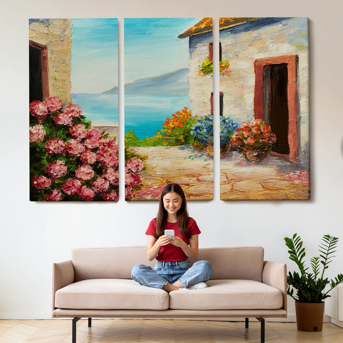 Mediterranean Seaside House Terrace Flowers Ocean View Painting Poster - Image 2