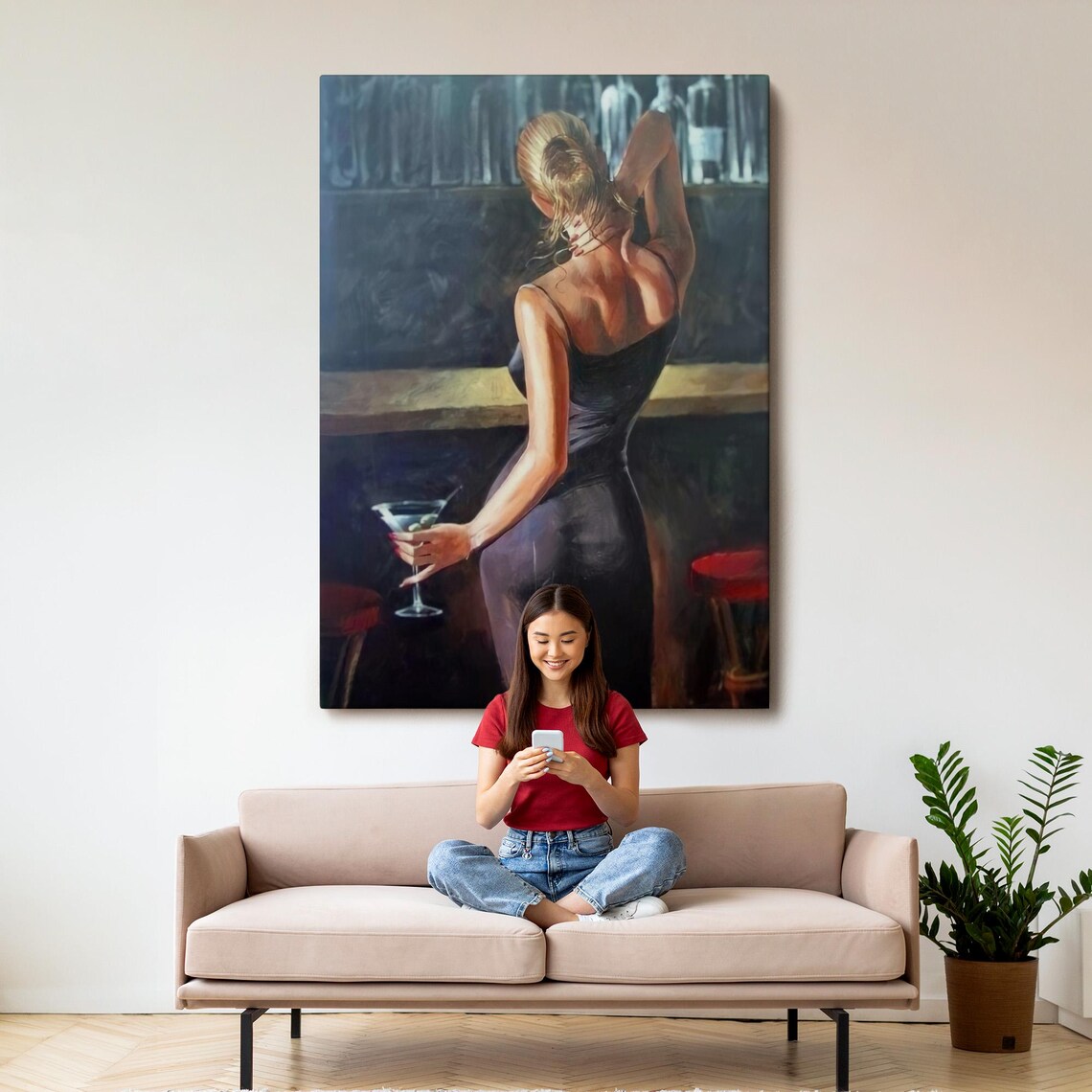 Blonde Woman at Bar Holding Martini Noir Cocktail Lounge Painting Poster - Image 3