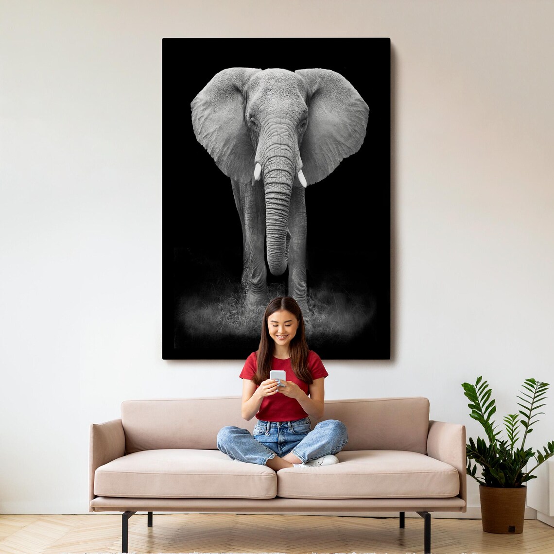 African Elephant Black and White Front Portrait Dramatic Wildlife Wall Poster - Image 3
