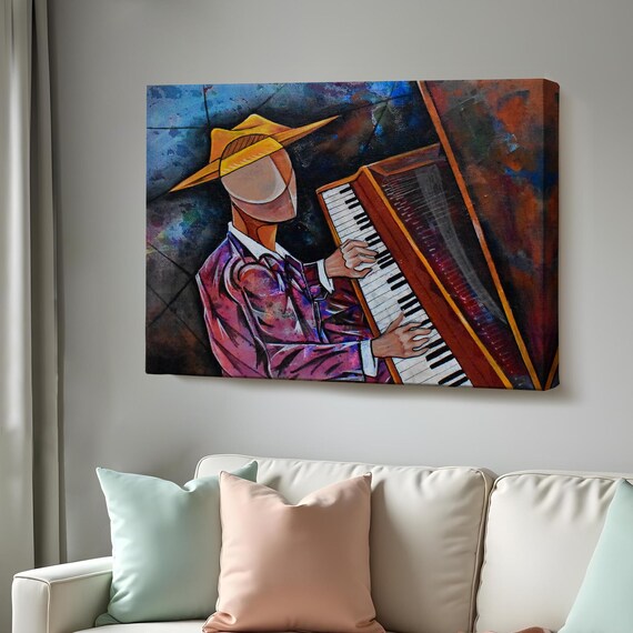 Abstract Jazz Pianist in Wide Brim Hat Playing Piano Colorful Art Poster