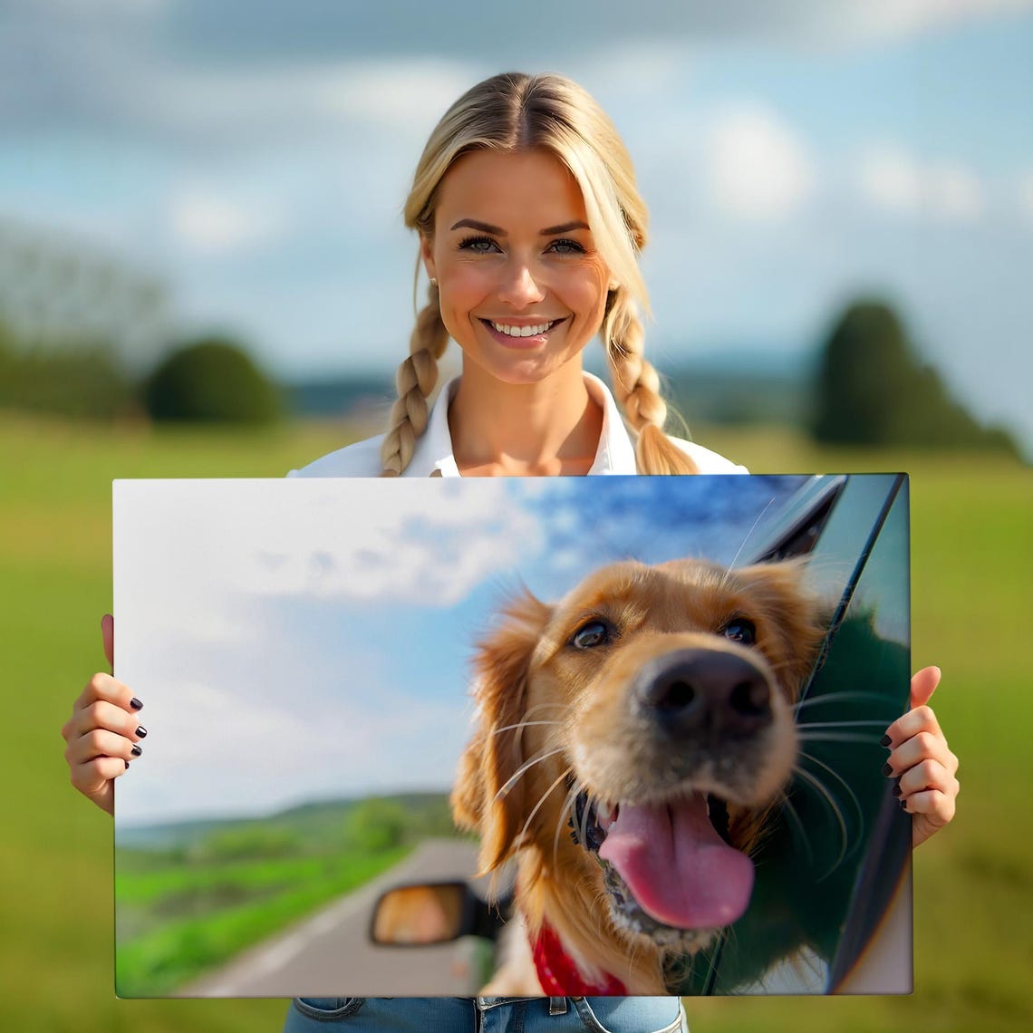 Happy Golden Retriever Head Out Car Window Road Trip Photo Poster - Image 5