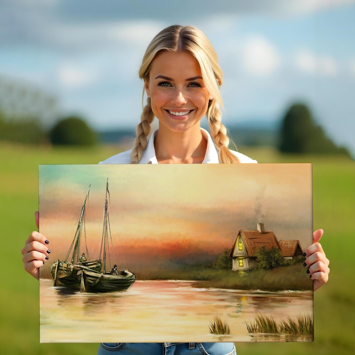 Riverside Cottage With Boats At Dusk Calm Water Painting Wall Art - Image 5