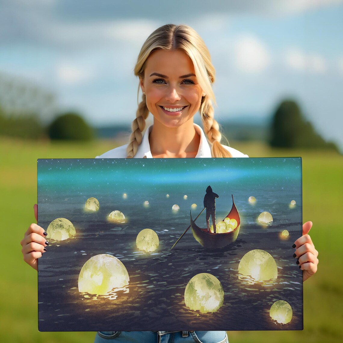 Man Collecting Glowing Moons On Starry Night Sea Fantasy Wall Art Poster - Image 5