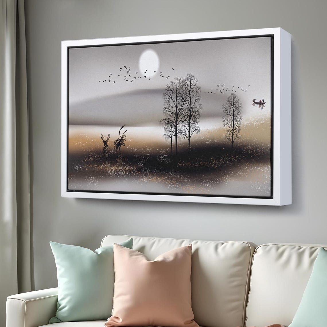Golden Moonlit Forest Deer Silhouette Zen Lake Landscape Poster - Image 3