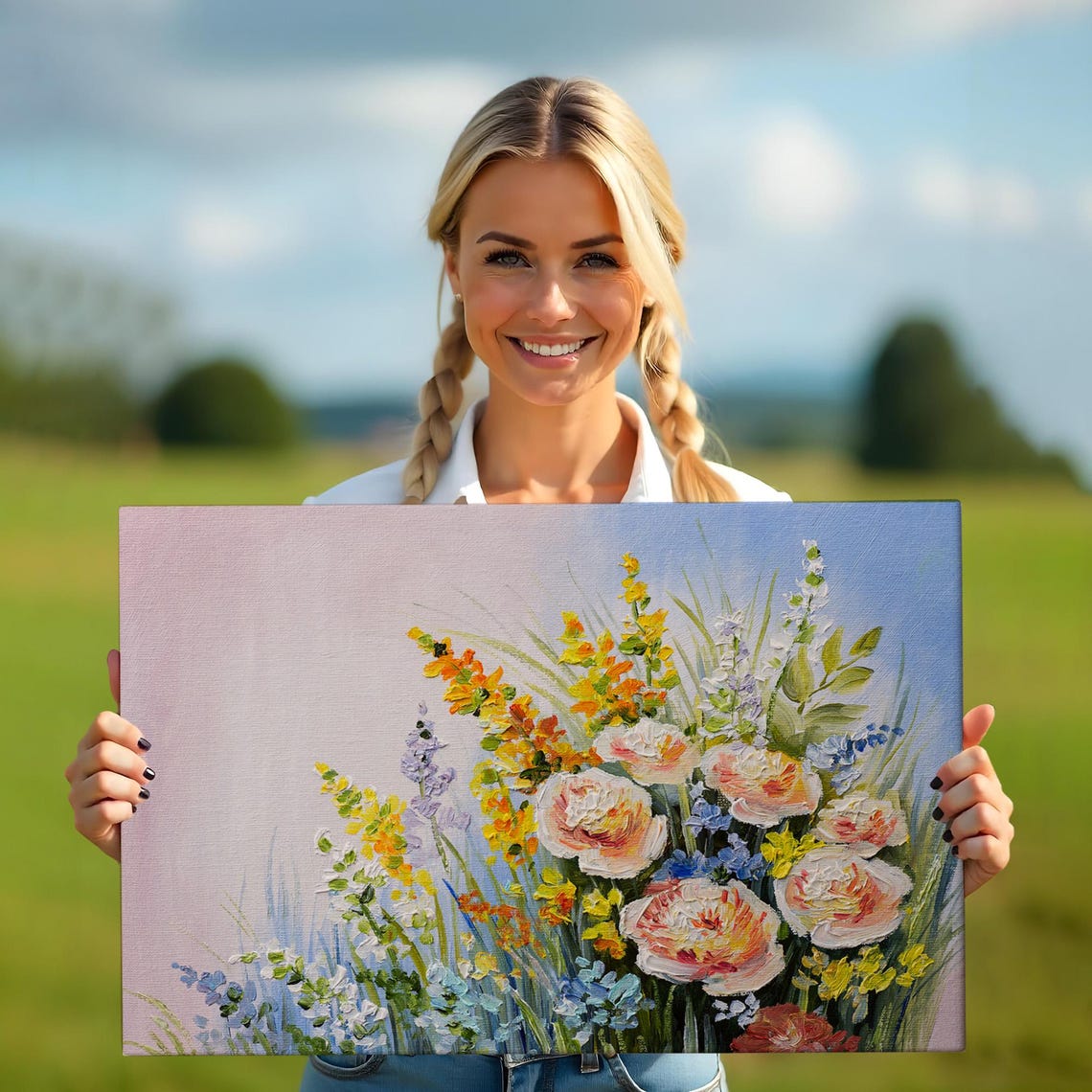 Summer Wildflower Meadow Roses Yellow Blue Impasto Floral Art Print - Image 5
