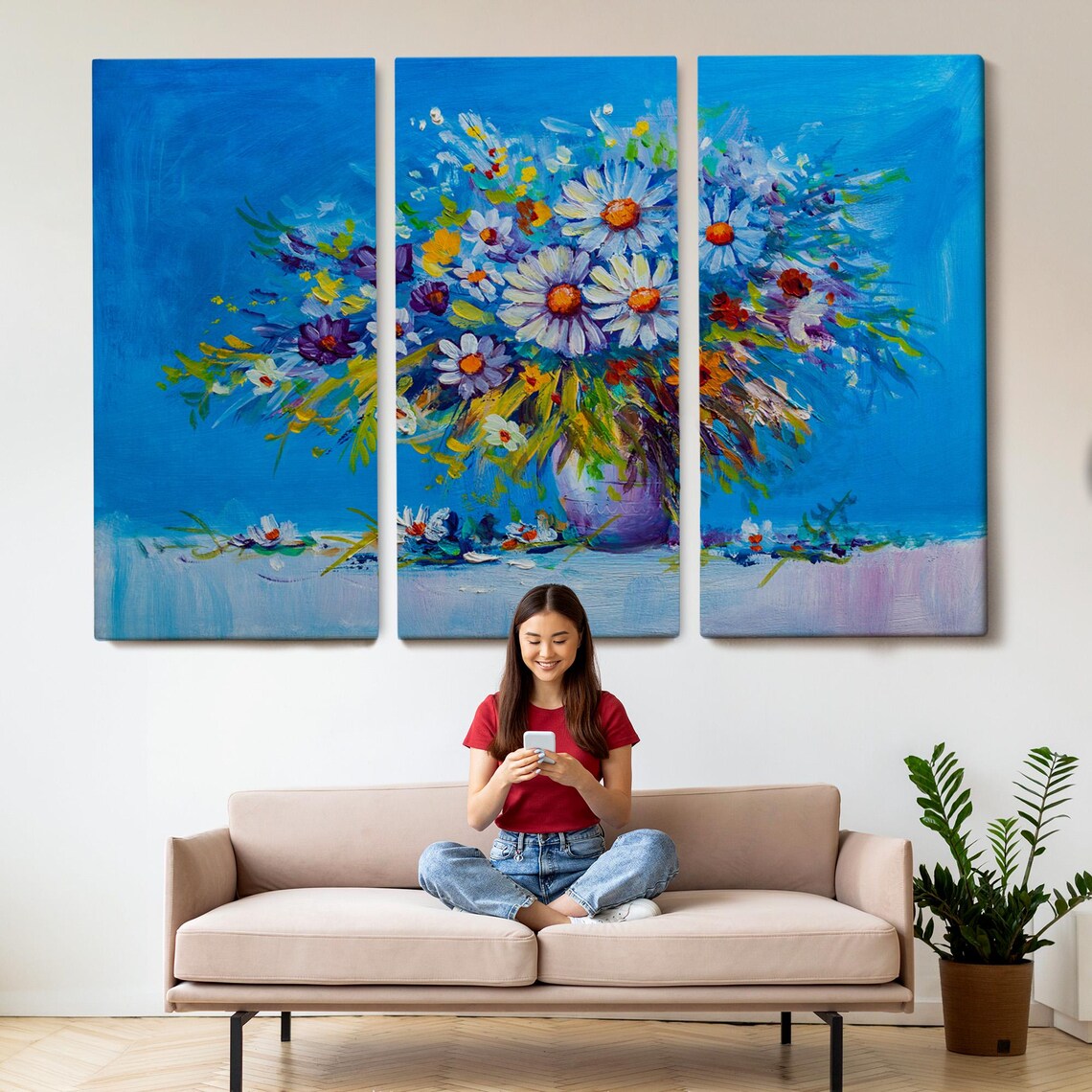 Wildflowers Bouquet Purple Vase Bright Blue Oil Painting Wall Art - Image 2