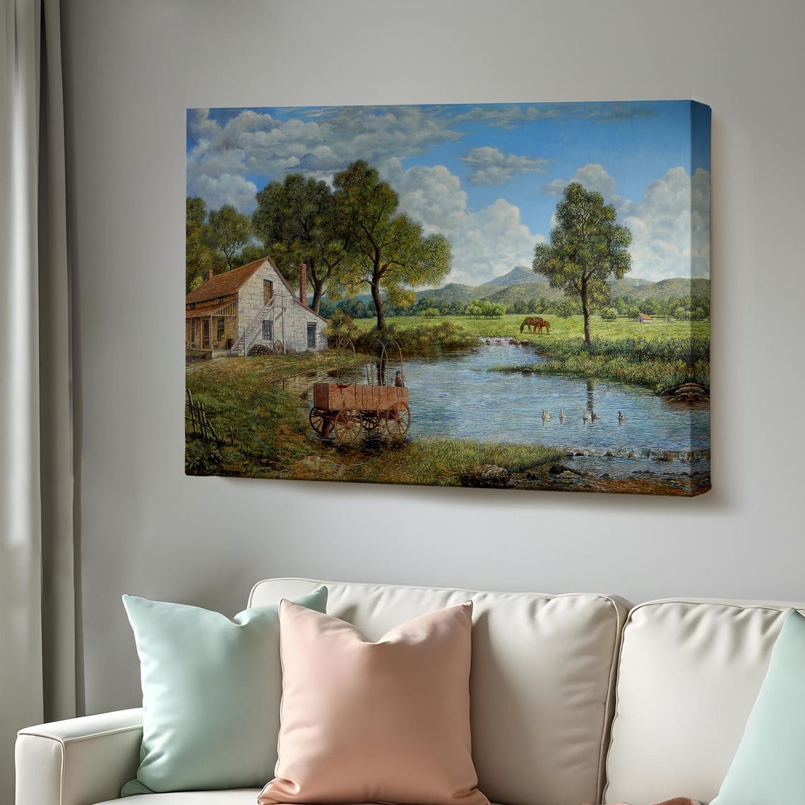 Village And Stream Landscape Decorative Wall Painting Nature Decor Nature Print Landscape Wall Table