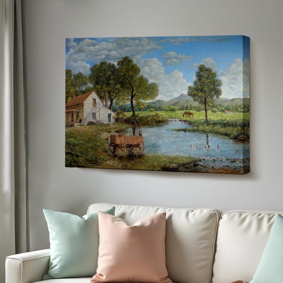 Village And Stream Landscape Decorative Wall Painting Nature Decor Nature Print Landscape Wall Table