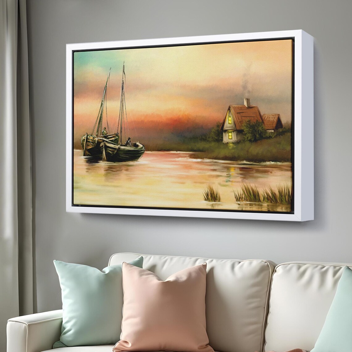Riverside Cottage With Boats At Dusk Calm Water Painting Wall Art - Image 3