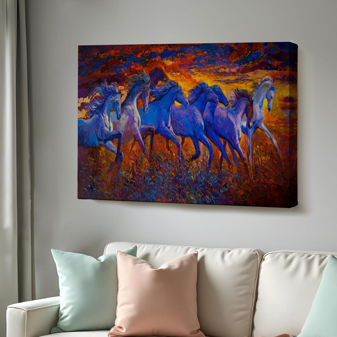 Galloping Horses Fiery Sunset Sky Blue Herd Dynamic Painting Poster