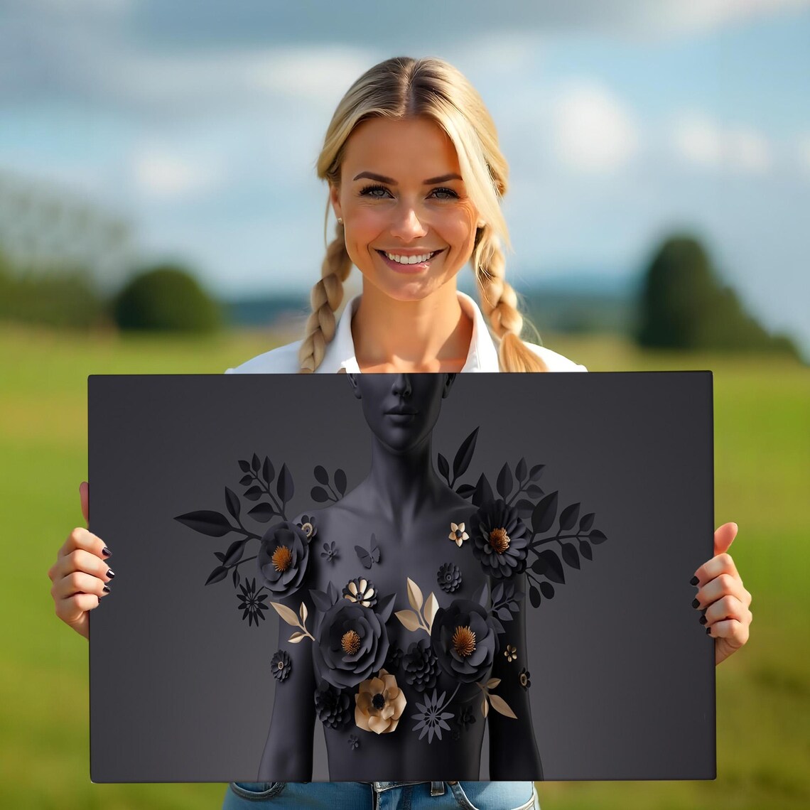 Surreal Black Woman Bust Dark Floral Beauty Gold Flowers Modern Wall Art - Image 5