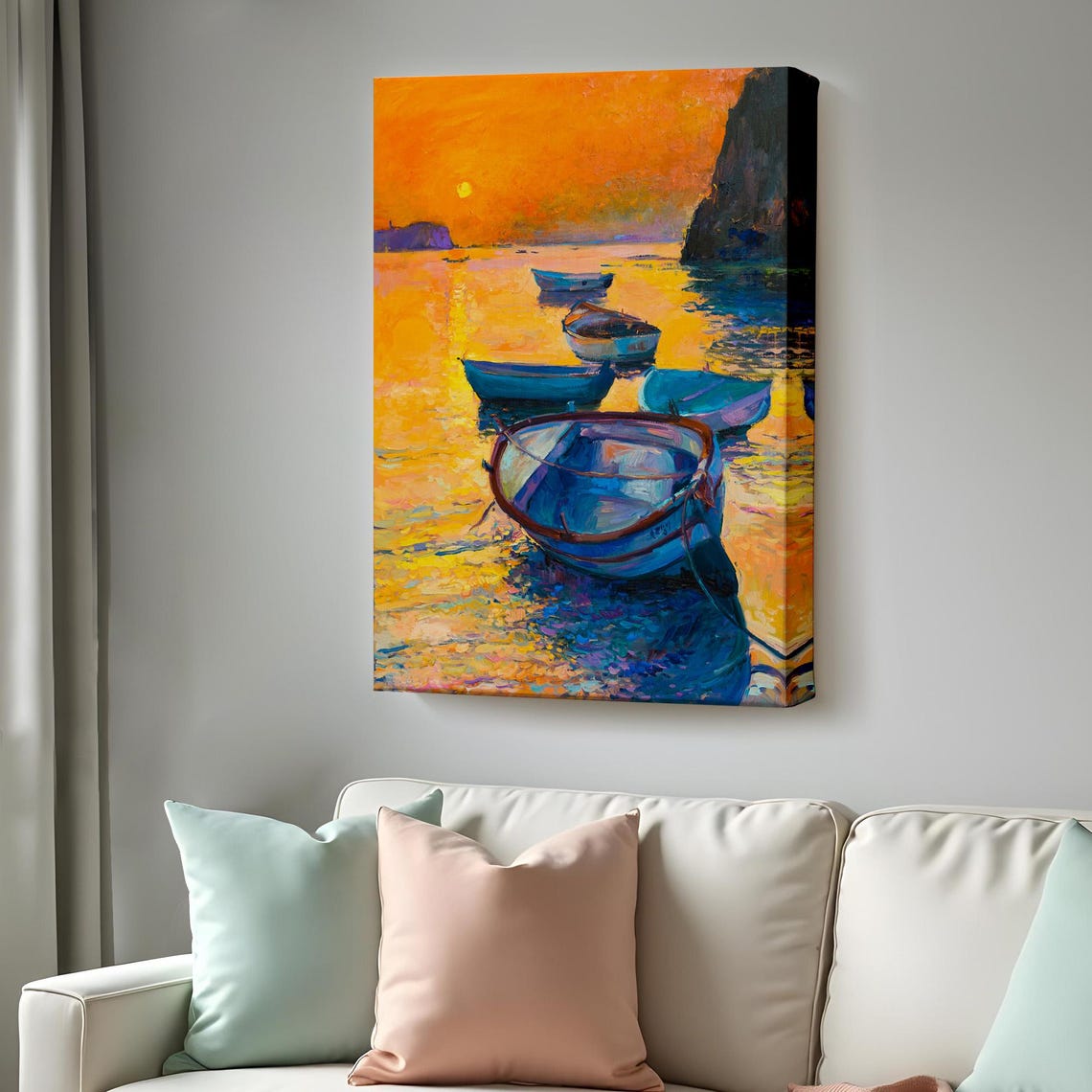 Orange Sunset Boats Floating On The Sea Impressionist Coastal Wall Art