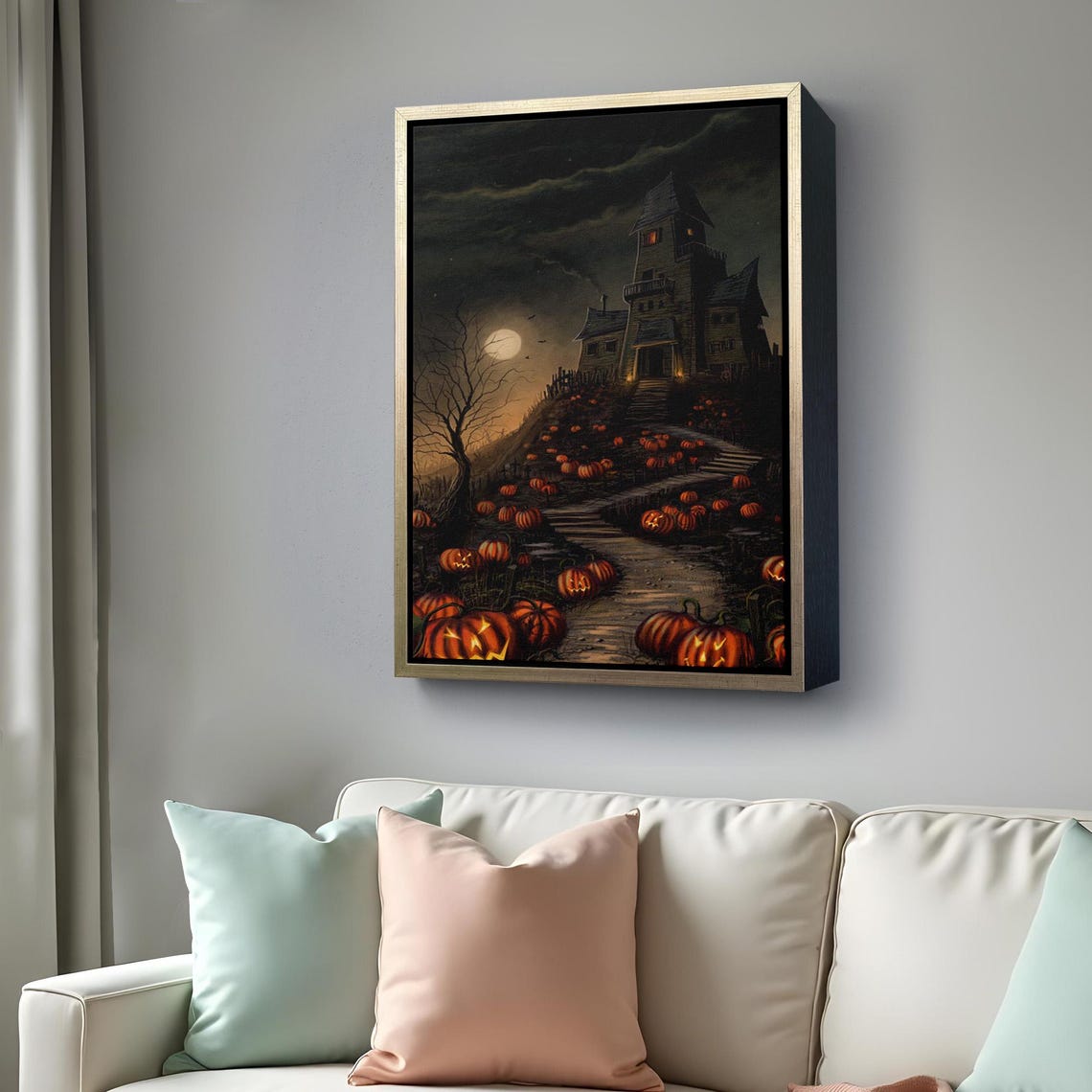 Haunted House On Hill Jack O Lanterns Halloween Night Spooky Wall Art - Image 4