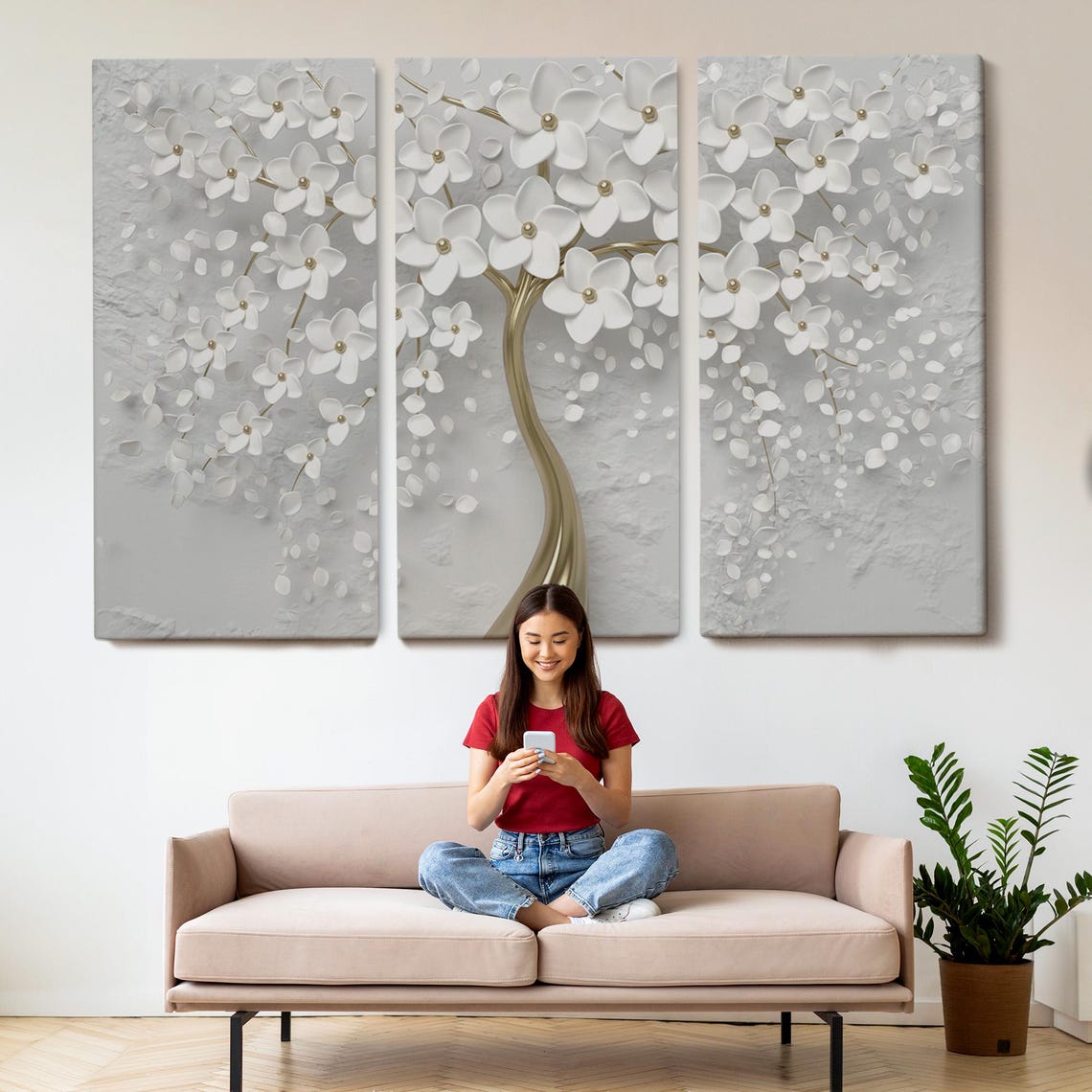 White Flower Tree Gold Trunk 3D Floral Elegant Modern Wall Art - Image 2