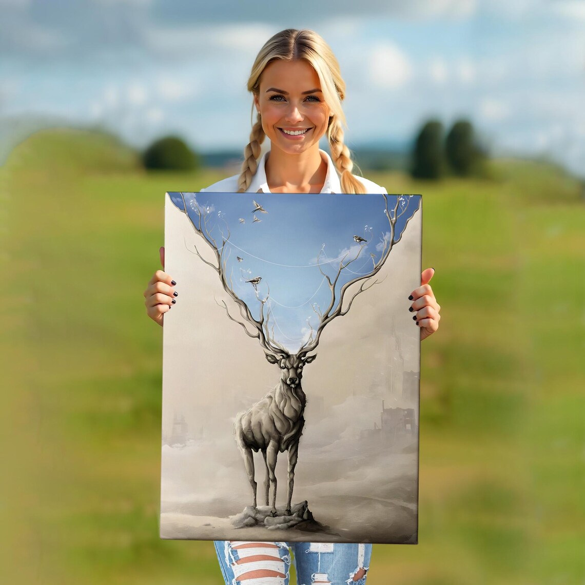 Surreal Stag Tree Branch Antlers Dreamy Sky Birds Fantasy Canvas Wall Art - Image 5