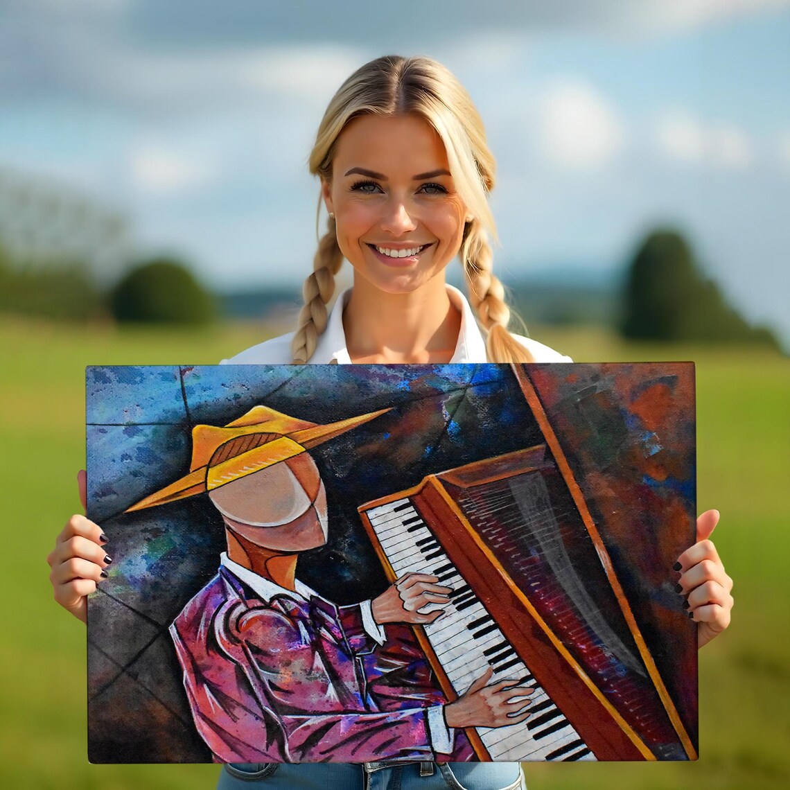 Abstract Jazz Pianist in Wide Brim Hat Playing Piano Colorful Art Poster - Image 5