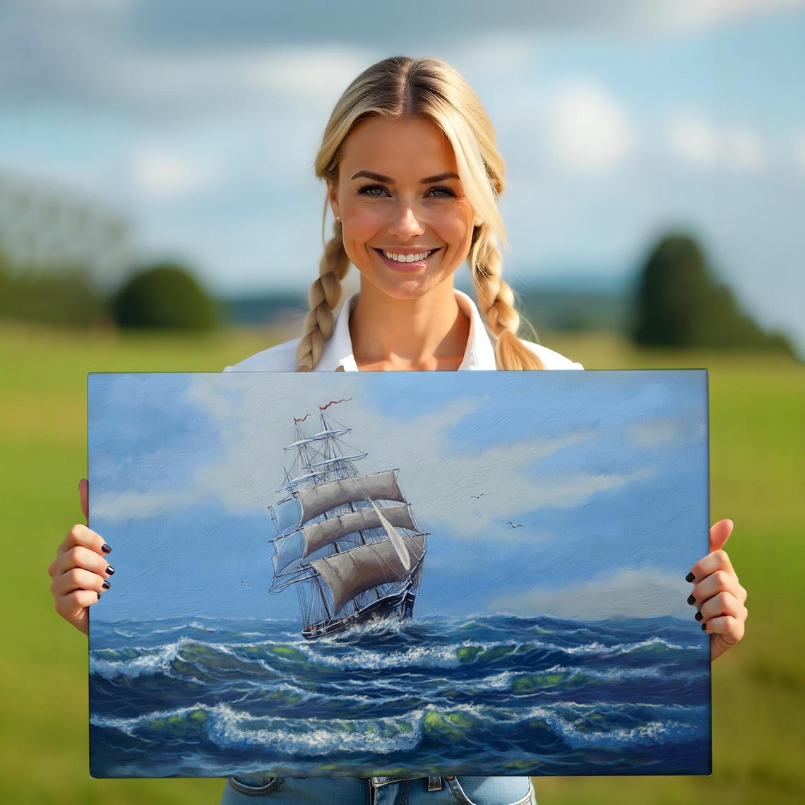 Classic Tall Sailing Ship With Full Sails On Blue Ocean Waves Poster - Image 5