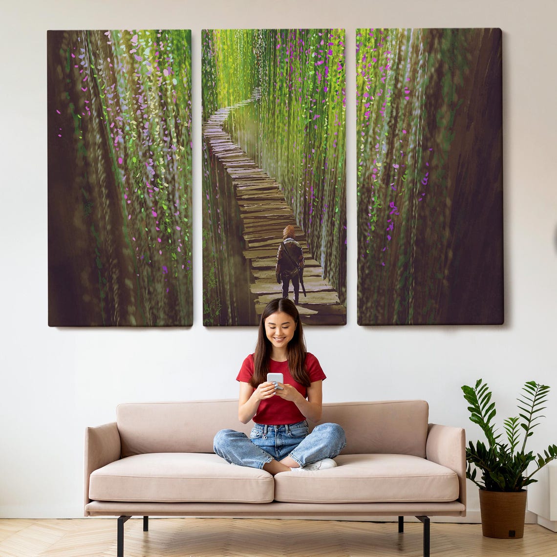 Warrior Walking Green Ivy Gorge Wooden Path Fantasy Art Poster - Image 2