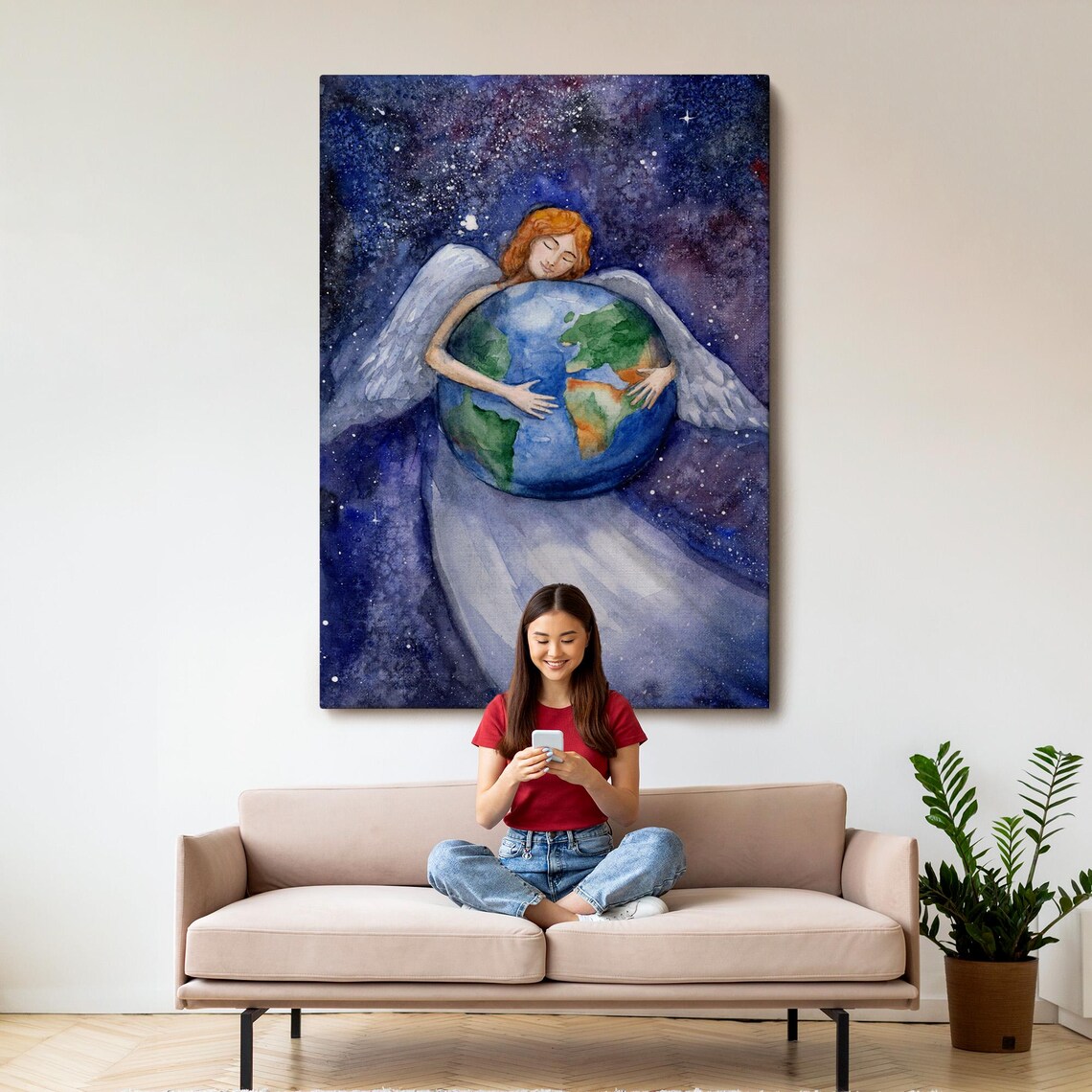Angel Embracing Planet Earth In Starry Night Sky Watercolor Wall Art - Image 3