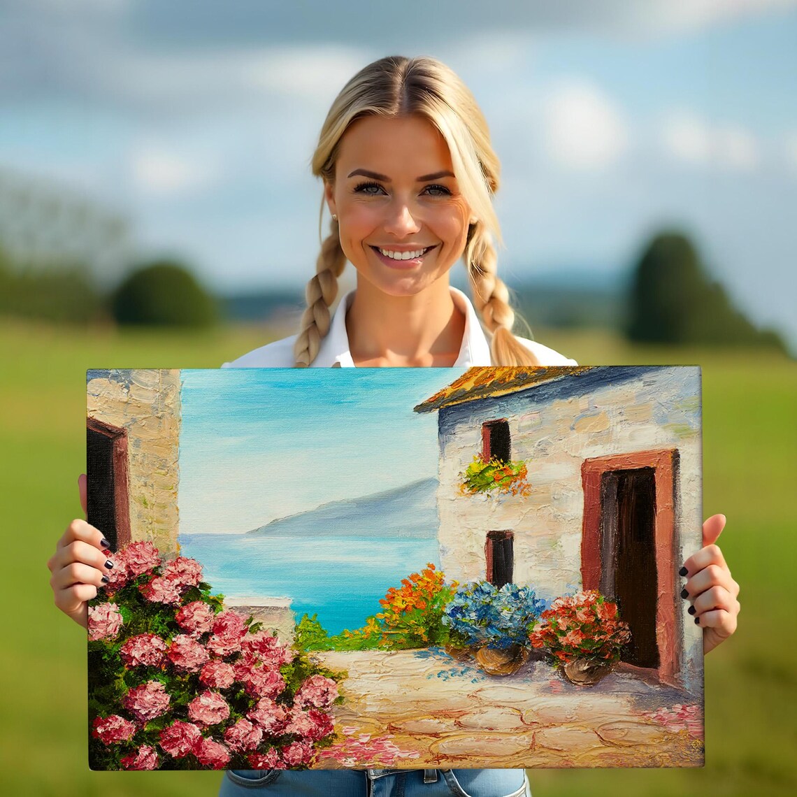 Mediterranean Seaside House Terrace Flowers Ocean View Painting Poster - Image 5