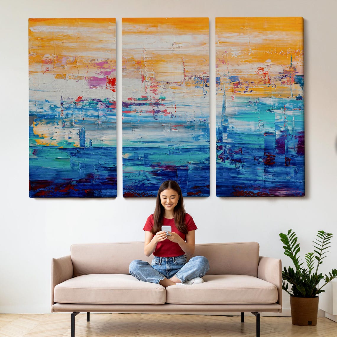 Abstract Orange Blue Seascape Oil Painting Textured Modern Art Poster - Image 2