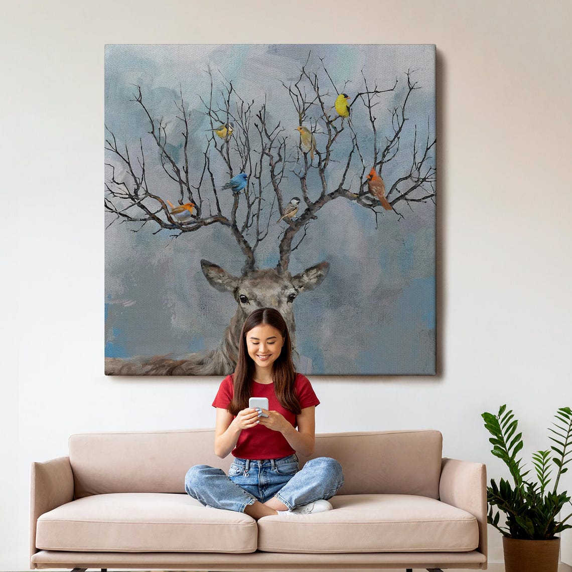 Deer Antler Tree Branches Colorful Birds Whimsical Art Poster - Image 3