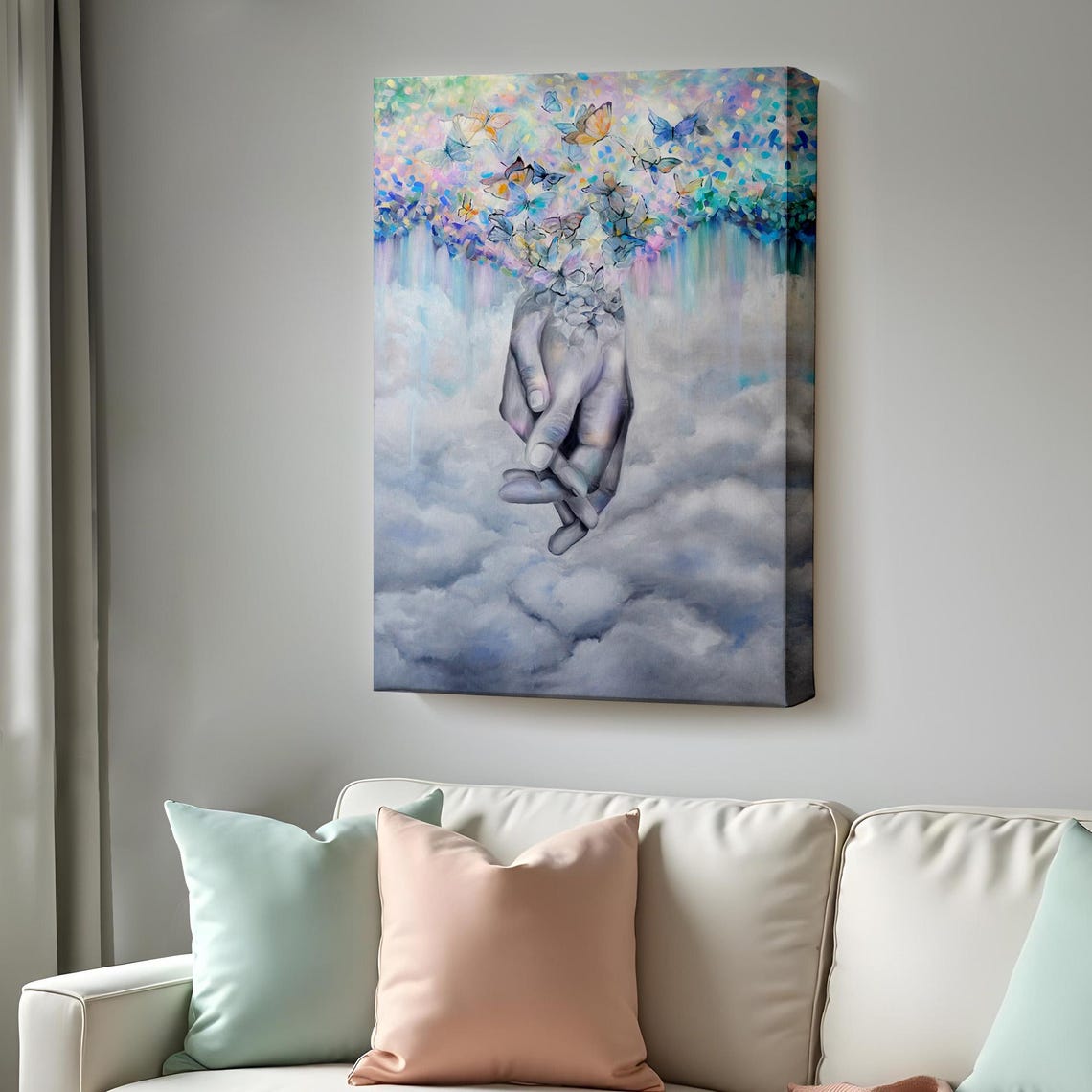 Surreal Hand Releasing Butterflies Dreamy Clouds Pastel Art Poster