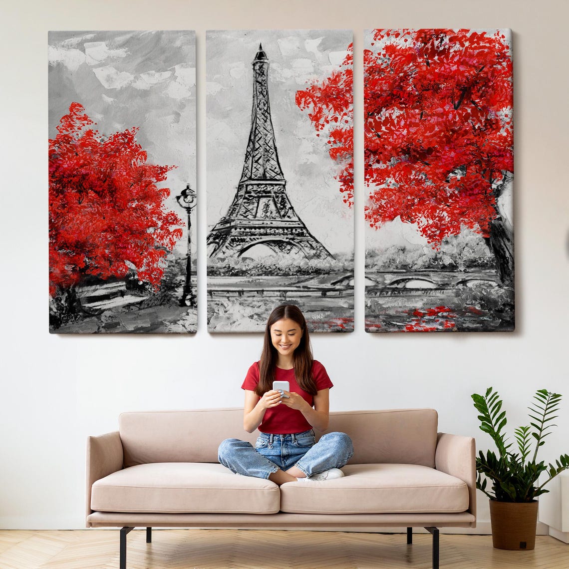 Paris Eiffel Tower Red Autumn Trees Black White Oil Painting Poster - Image 2