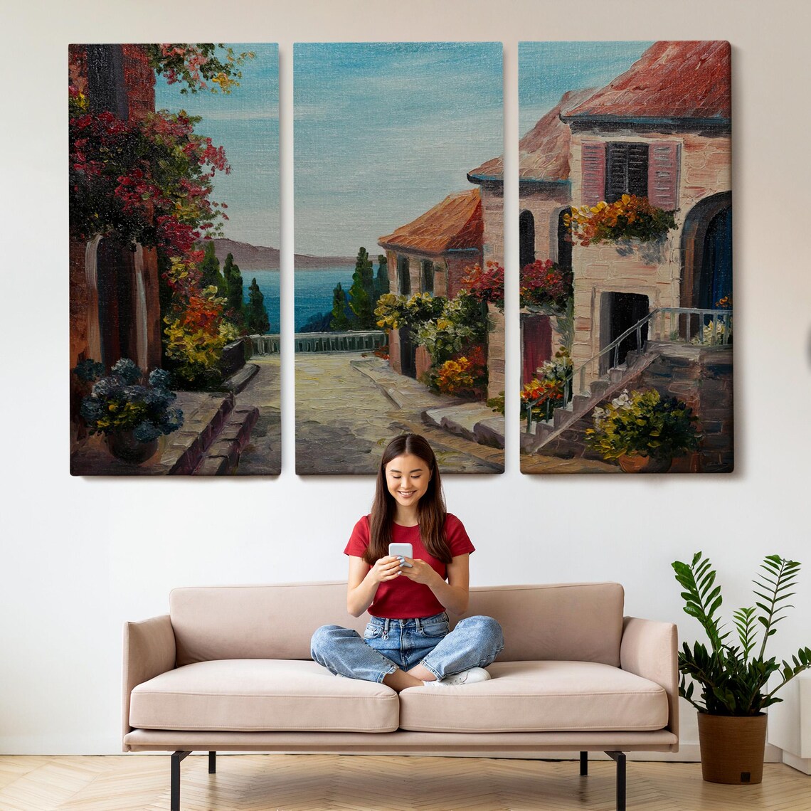 Mediterranean Stone Street Flower Balconies Blue Sea View Art Poster - Image 2