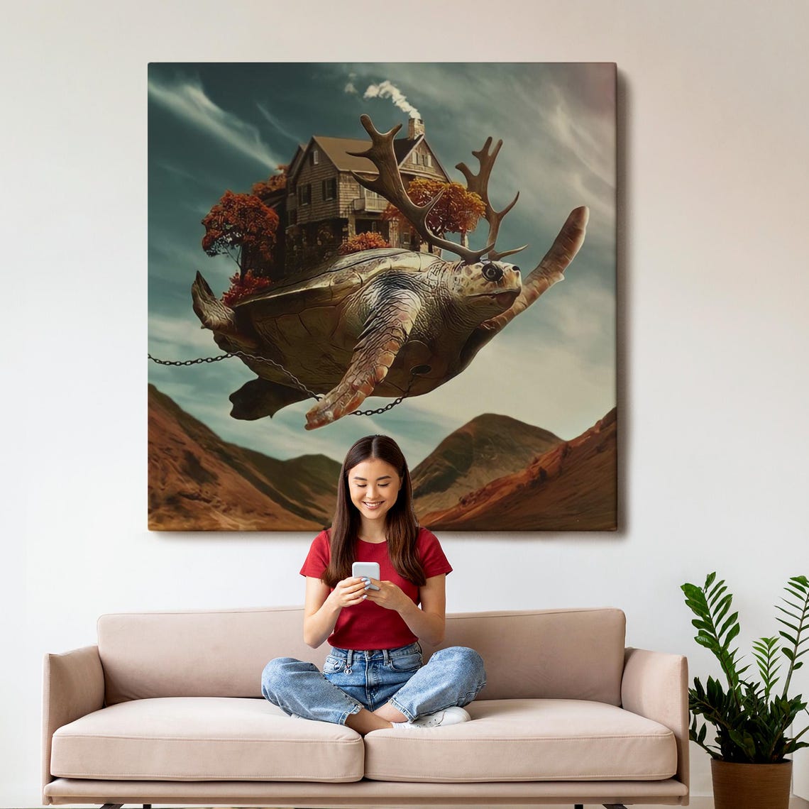 Surreal Flying Turtle Carrying House Over Mountains Art Poster - Image 3