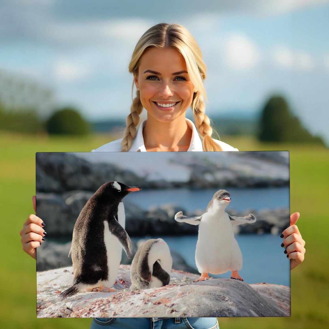 Happy Penguin Family Rocky Shore Cute Baby Penguin Photography Poster - Image 5