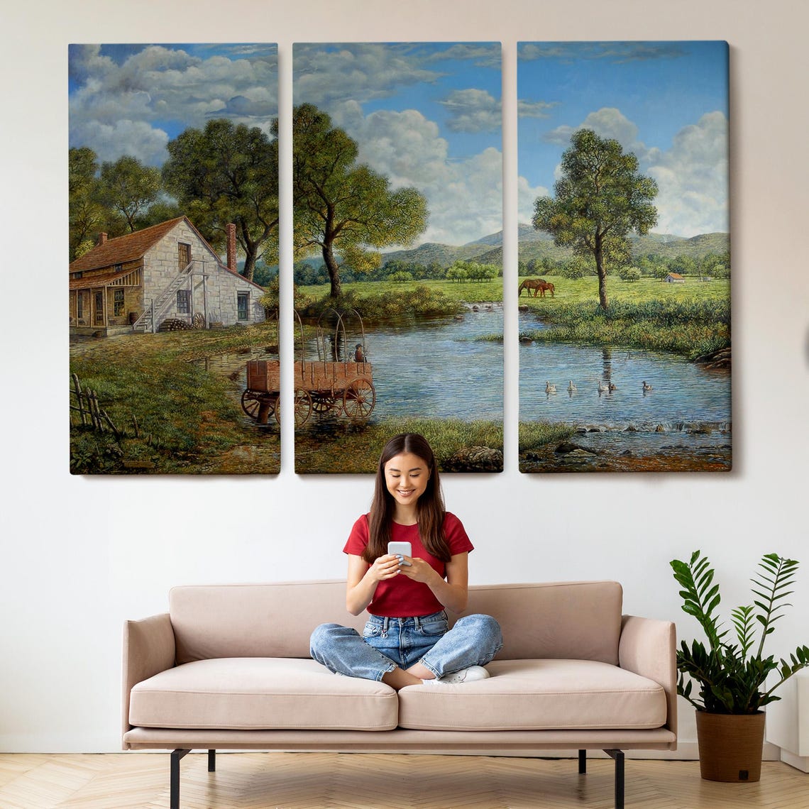 Village And Stream Landscape Decorative Wall Painting Nature Decor Nature Print Landscape Wall Table - Image 2